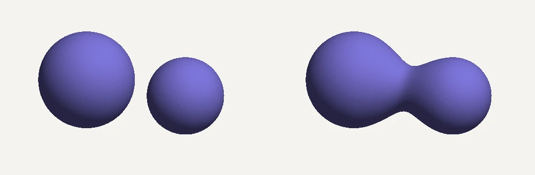 Two spheres shown separately, then melted together by a Goop smooth union.