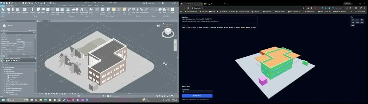 Revit model on the left and the synced bounding-box web viewer on the right, from the project demo video.